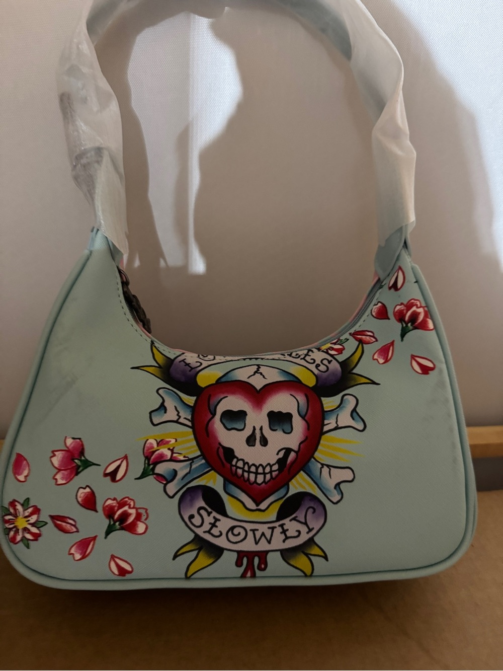 Ed Hardy Light Blue Shoulder Bag with Heart Skull Graphic